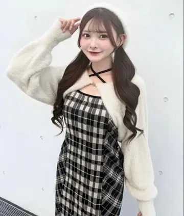 NOMAE 샤기 볼레로 롱 체크 원피스