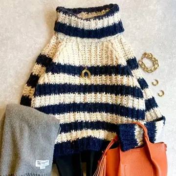 레어 네미카 패널 보더 무늬 터틀넥 니트 굵은 짜임 레리안 계열