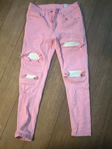 핑크 데미지 가공 스키니 데님