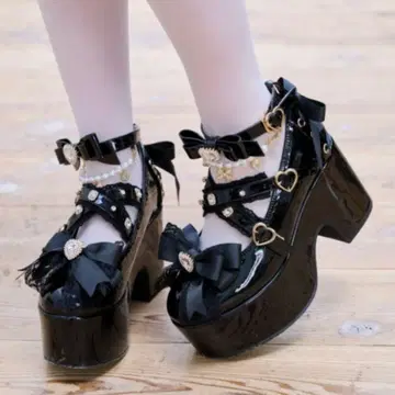 lizlisa 크로스 스트랩 리본 펌프스 블랙 에나멜 M 사이즈