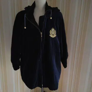 네이비 후드 부착 벨벳 롱 코트