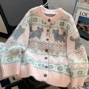 강아지 패턴 핑크 니트 가디건