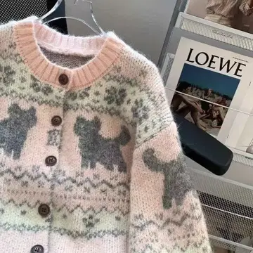 강아지 패턴 핑크 니트 가디건