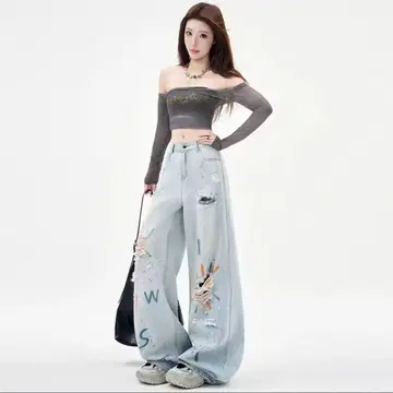Vintage Heavy Print Wide Leg Jeans