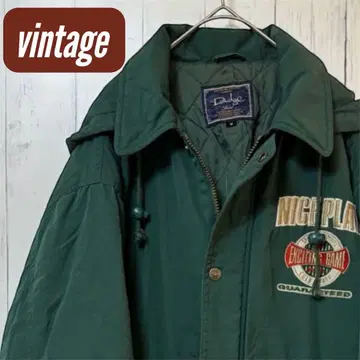 [ 레어 디자인 ] 빈티지 충전솜 헌팅 자켓 짙은 녹색 자수 로고 M