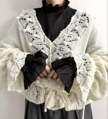 프릴 레이스 니트 가디건 여성용 아이보리