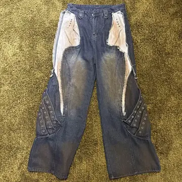 유니크 디자인 다크 블루 데님 팬츠 리메이크