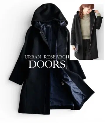 어반 리서치 도어스 후디드 더블 지퍼 울 혼방 코트 네이비