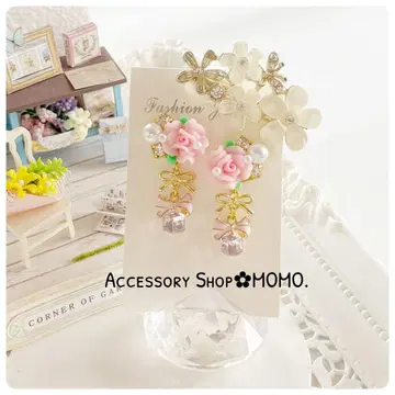 반짝이는 비쥬 A급 유리 스톤 핑크 로즈 핸드메이드 귀걸이 :*