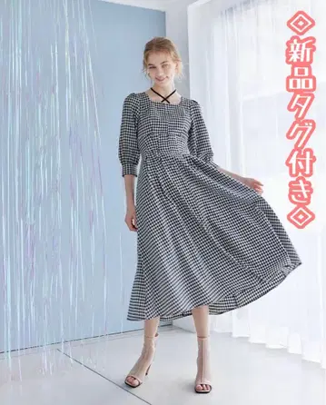 택 포함 새상품 앙데팡당 하운드투스 체크 패턴 넥 디자인 허리 턱 원피스