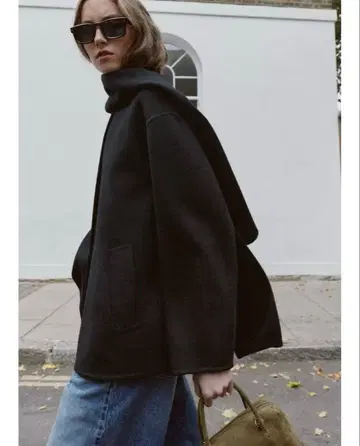 ZARA 울 숏 스카프 코트 L 블랙