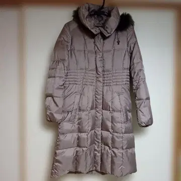 후드 부착 베이지 퍼플 롱 다운 자켓 38