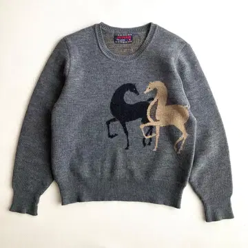 빈티지 울 100% 말 패턴 인터샤 니트 쇼와 레트로 짧은 기장 일본제