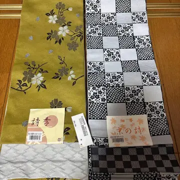 반폭 오비 꽃무늬와 체크무늬 2개 세트