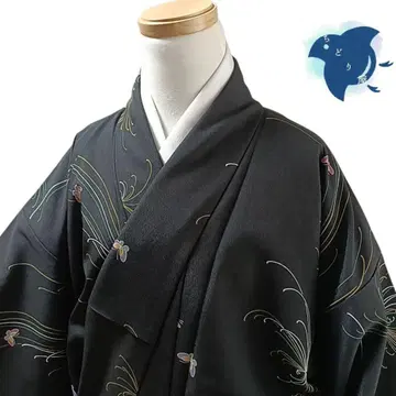 C33 치도리야 기모노 코몬 워셔블 기모노 화학 섬유 나비 블랙