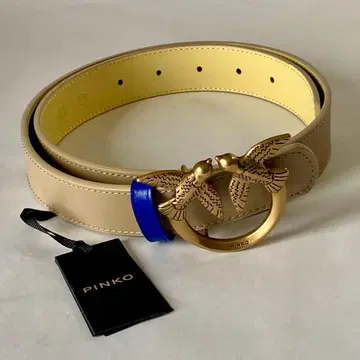 미사용 PINKO 핑코 천연 가죽 버클 벨트 러브버드 베이지