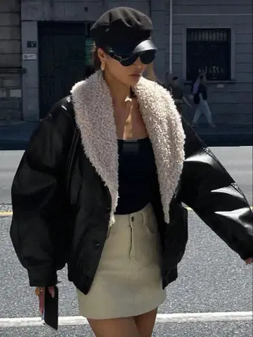 shein 보아 카라 부착 가죽 자켓