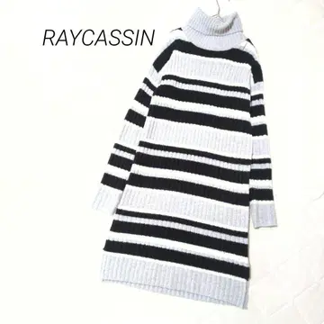 레이 카즌 니트 원피스 롱 리브 보더 무늬 터틀넥