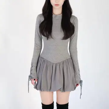 Yilon 이론 그레이 벌룬 미니 원피스 니트 원피스