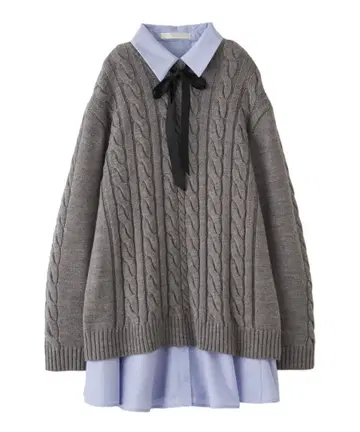 케이블 니트 & 셔츠 미니 원피스 세트