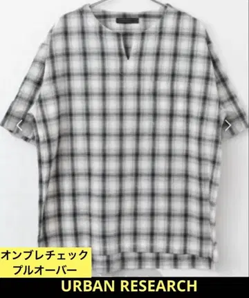 T셔츠 옴브레 체크 풀오버 5부 소매 코튼 린넨