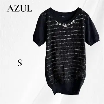 AZUL by moussy 레이스 절개 반팔 니트 비쥬 장식 블랙 S