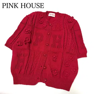 새상품급 핑크하우스 입체 플라워 니트 가디건 레드 코튼 로고