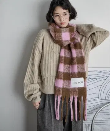 THE YOn 깅엄 체크 프린지 머플러 핑크