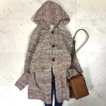 새상품급 시빌라 믹스 컬러 니트 가디건 후드 울 실크 베이지