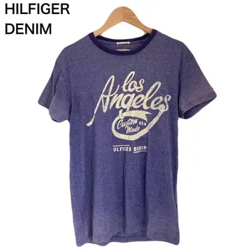 힐피거 데님 반팔 로고 페이드감 퍼플 자수 프린트 티셔츠
