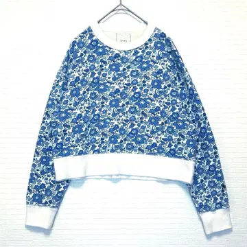 SHIPS 크롭 맨투맨 상의 U넥 블루 계열 꽃무늬 긴팔 트레이닝복 M