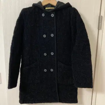 트래디셔널 웨더 후드 부착 블랙 더블 울 코트 34