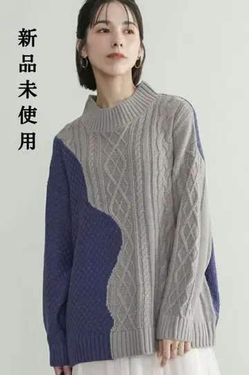 12/25까지의 가격 오샤레 워커 바이컬러 웨이브 패턴 니트 블루