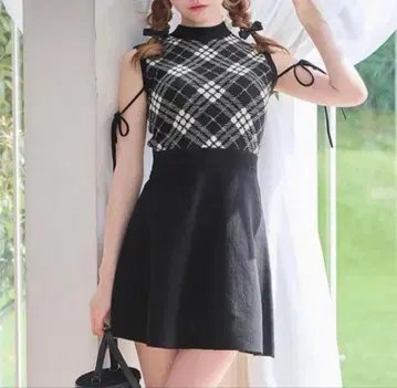 미셸 마카롱 체크 리본 미니 원피스