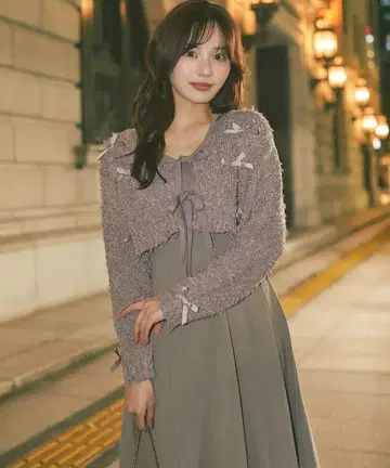 리본 포함 니트 볼레로 x 니트 원피스 세트