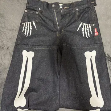 909 뼈 프린트 다크 데님 팬츠