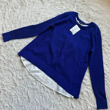 택 포함 미사용 새상품 INDIVI 절개 니트 풀오버 레이어드 파랑 리브