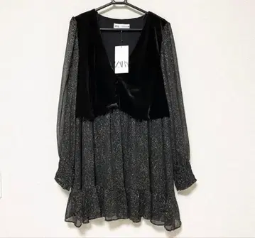 새상품 ZARA 벨로아 베스트 포함 라메 믹스 쉬폰 미니 원피스 XL