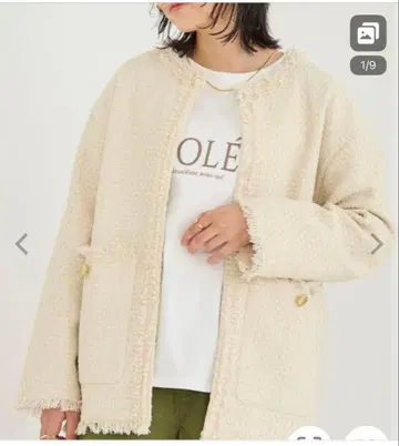 LAVEANGE 플린 노카라 트위드 자켓 크림색