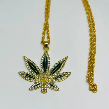 리프 모티브 목걸이 골드톤 x 그린 x 큐빅 힙합 스타일