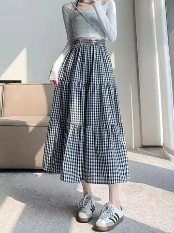 깅엄 체크 티어드 롱 스커트