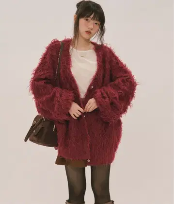 믹스 컬러 셰기 가디건 보르도