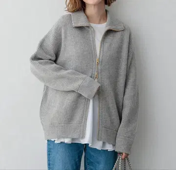 23구 [세탁 가능] 캐시미어 블렌드 집업 니트 블루종 그레이