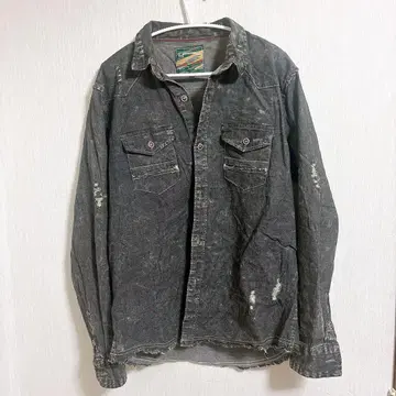 블랙 데님 셔츠 데미지 가공 빈티지풍 [ XL ]
