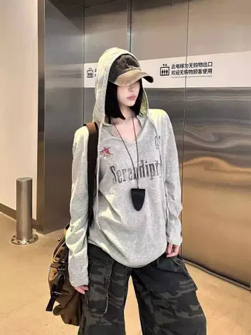 헤이세이 갸루 Y2K 캐주얼 후드 부착 그레이 후드티 시크 스타일