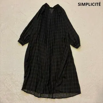 [새상품급] 심플리시떼 플리츠 롱 원피스 체크 다크 그레이 긴팔