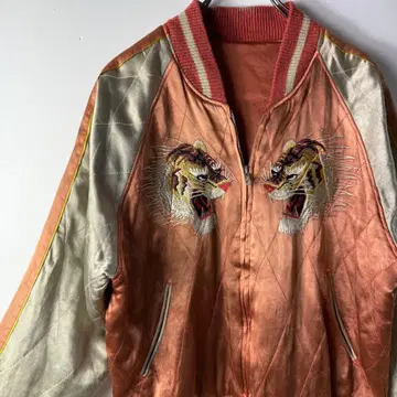 80년대 빈티지 스카잔 얼굴 호랑이 수베니어 자켓 살몬 핑크