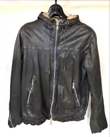 GLORIO BRATO 후드 부착 가죽 자켓 네이비