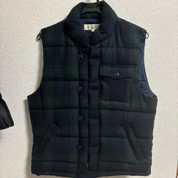 다크 그린 네이비 체크 다운 베스트