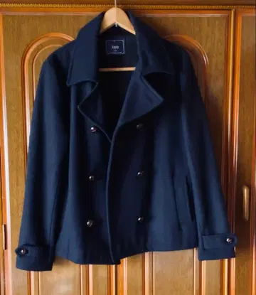 울 더블 브레스트 피 코트 네이비